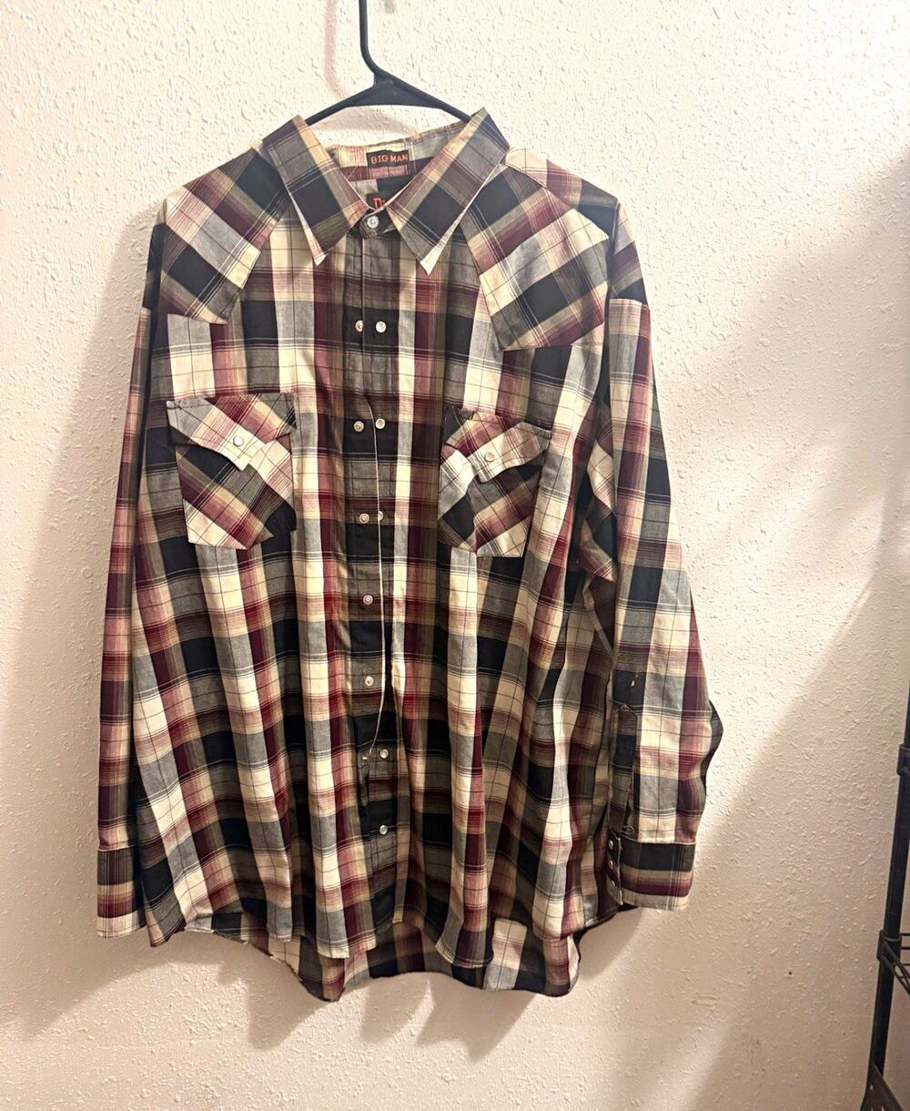 Plains Westernwear Men’s 2XL Plaid Long Sleeve Pearl Snap Shirt Pockets